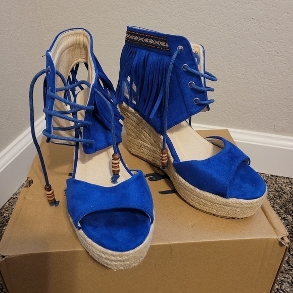 Mi.iM Blue Fringe Boho Wedges - Picture 1 of 1